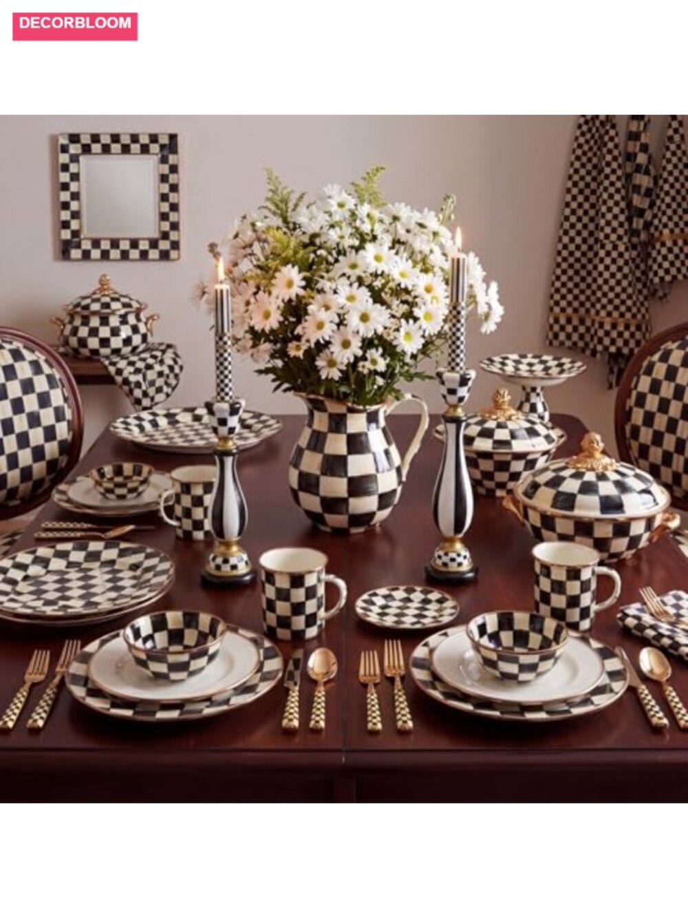 Resin Checkerboard Taper Candle Holder Set 2 Pc Classic Candlestick - Picture 2 of 6
